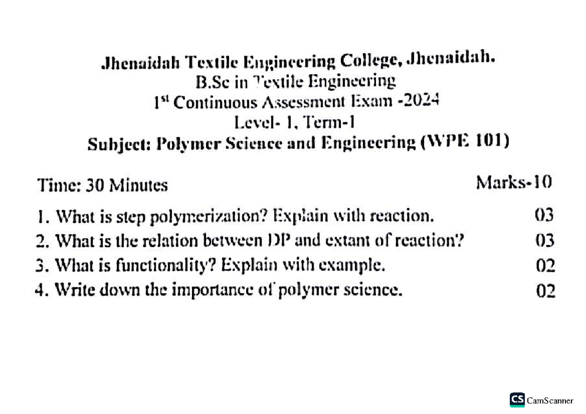 WPE 101: 1st Continuous Assessment Exam on Polymer Science - Studocu