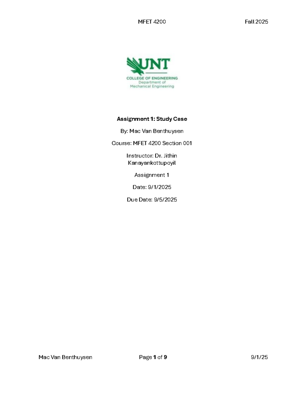 MFET 4200 Fall 2025 Assignment 1: Engineering Economy Case Study - Studocu