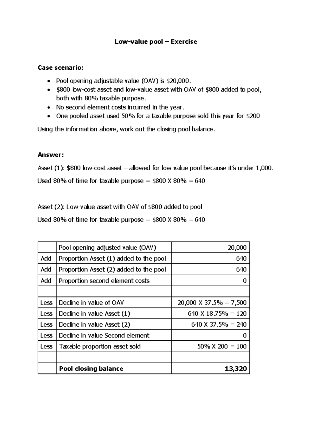 27 AT-M4 Low-Value Pool Exercise: Closing Balance Calculation - Studocu