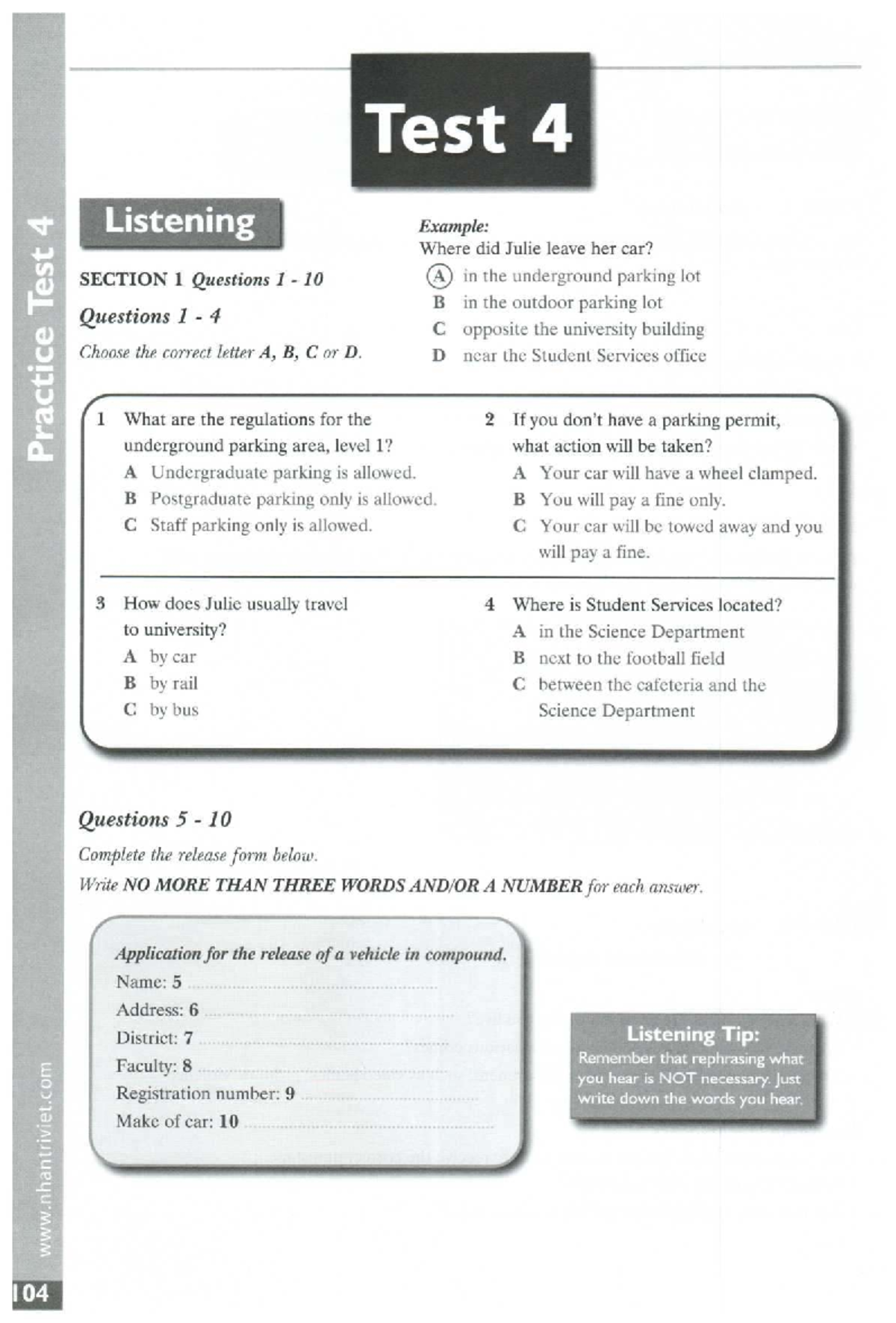 Practice Test 4: IELTS Listening Section Examples and Questions - Studocu