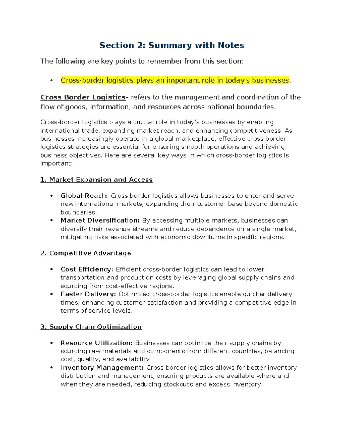 D470-Section 2: Key Insights on Cross-Border Logistics - Studocu