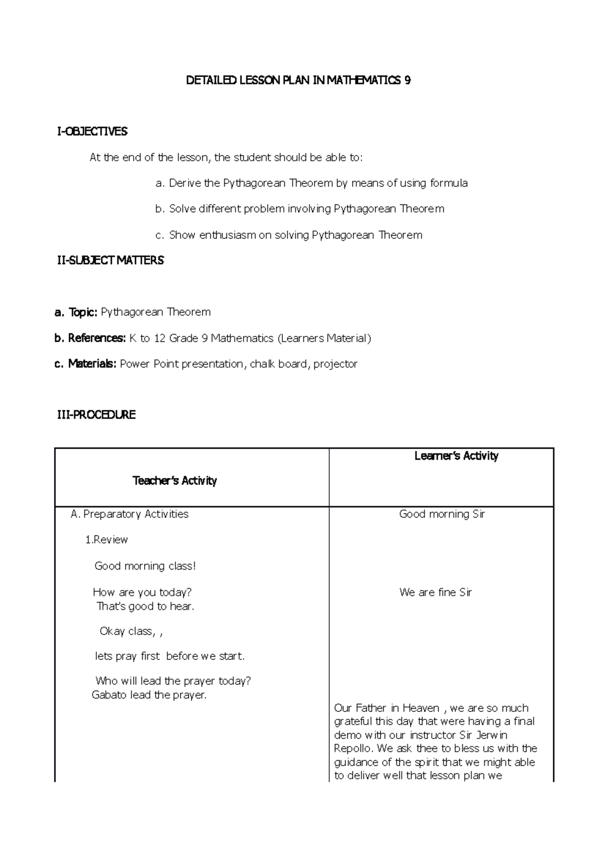 Mathematics 9: Detailed Lesson Plan on Pythagorean Theorem - Studocu