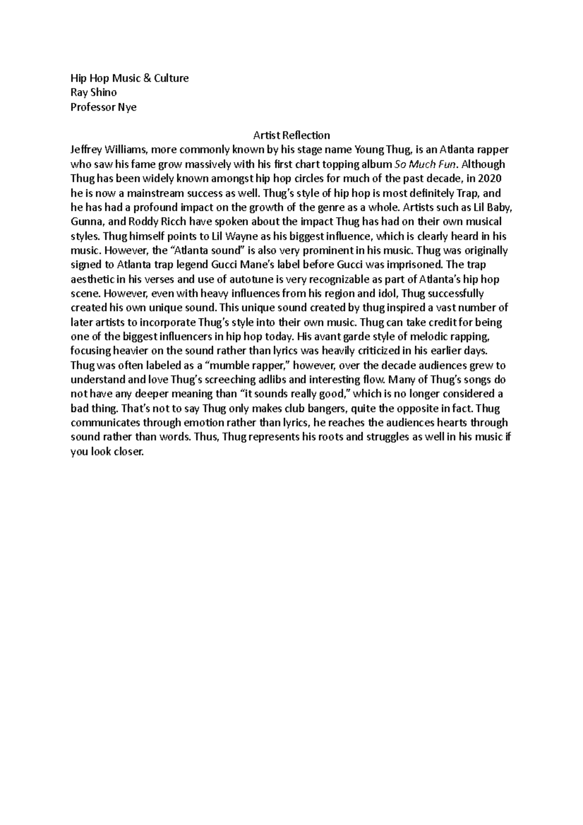 Artist Reflection on Young Thug: Impact on Hip Hop Culture - Studocu