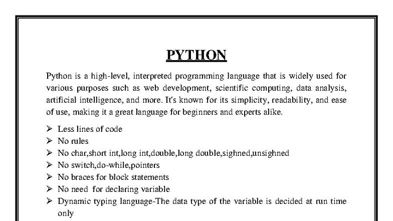 Python Programming Language Overview and Features - Studocu