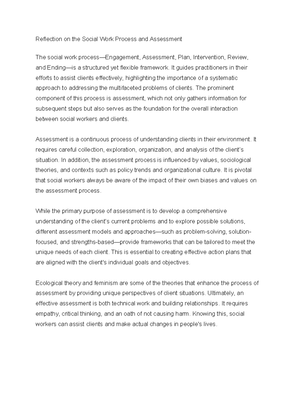SWK 101: Week 3 Reflection on Social Work Assessment Process - Studocu