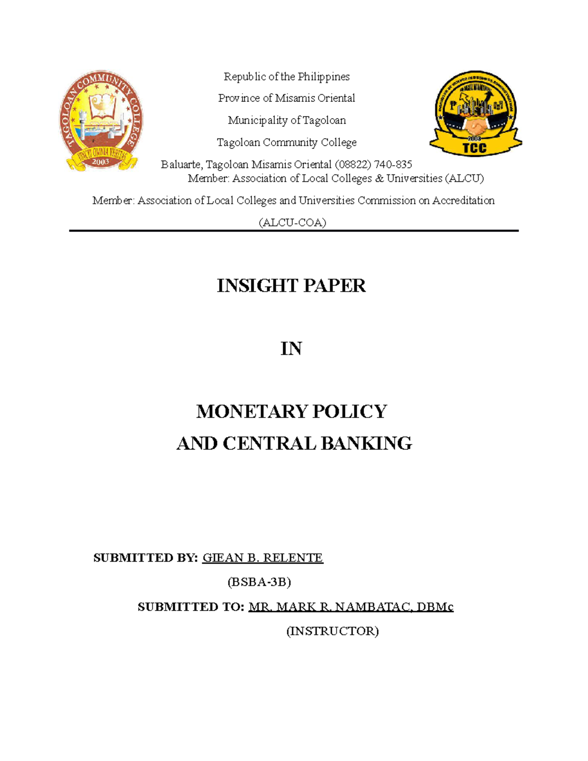 Insight paper cover page - Republic of the Philippines Province of ...