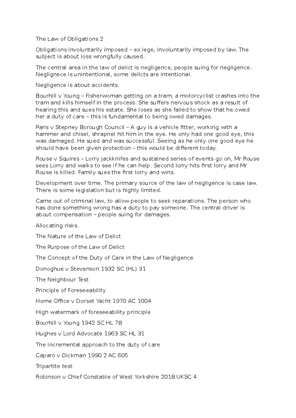 The Law of Obligations 2: Negligence and Duty of Care Analysis - Studocu