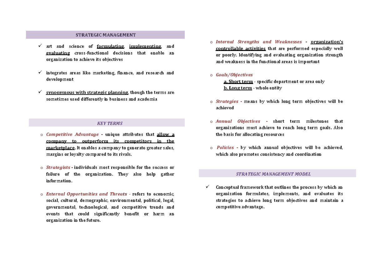 Strategic Management Notes - Key Concepts and Definitions - Studocu