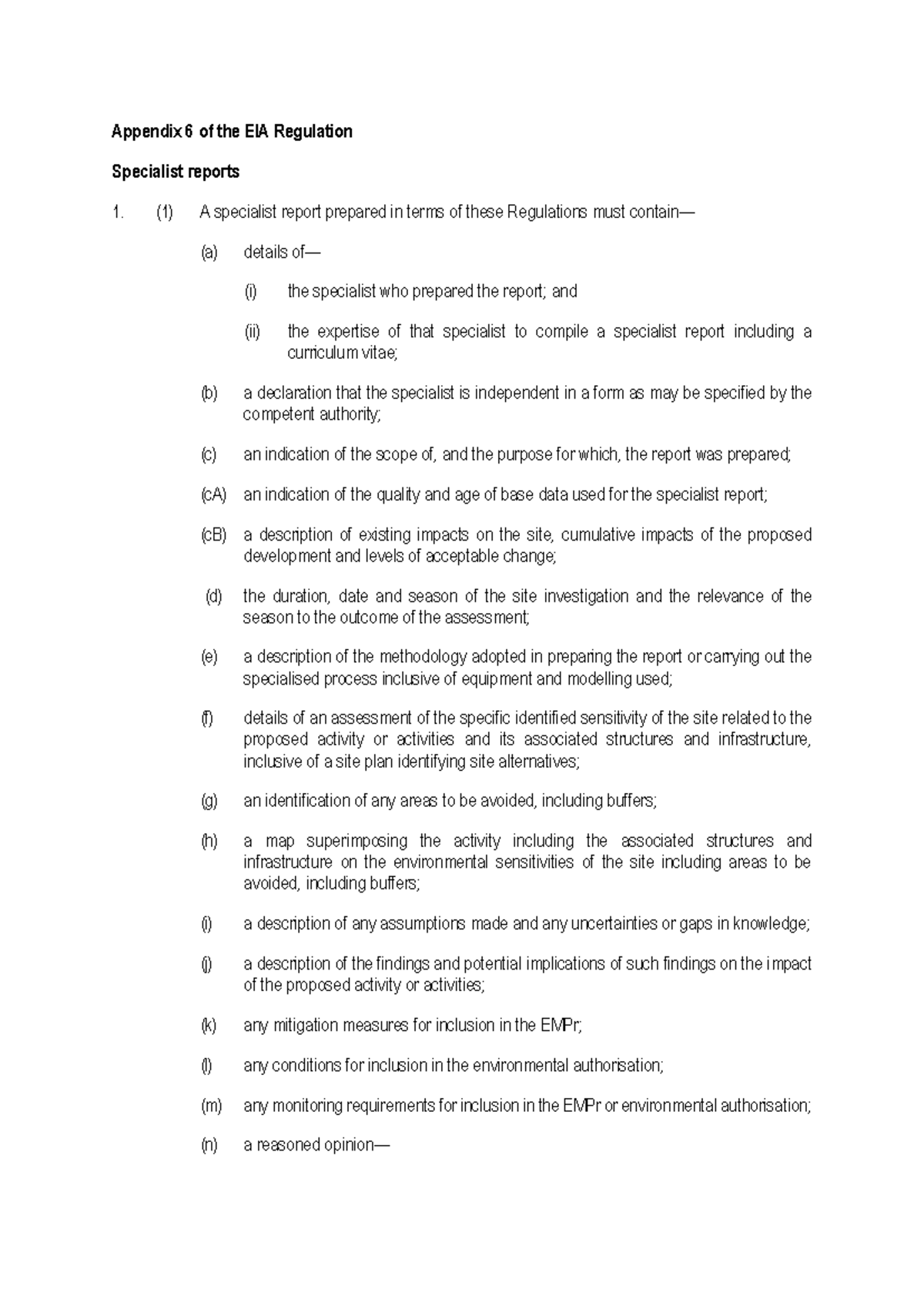 Appendix 6: Requirements for Specialist Reports in EIA Regulations ...