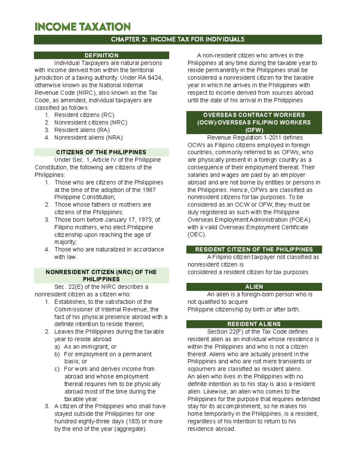 INTAX 101: Chapter 2 - Income Tax for Individuals Explained - Studocu