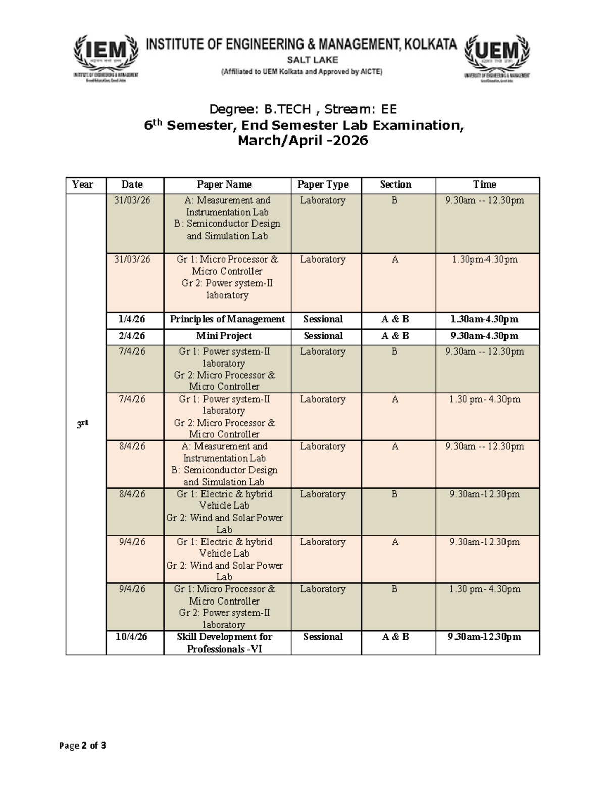 3EE 6th Sem Lab & Sessional Exam Routine - B.TECH - Studocu