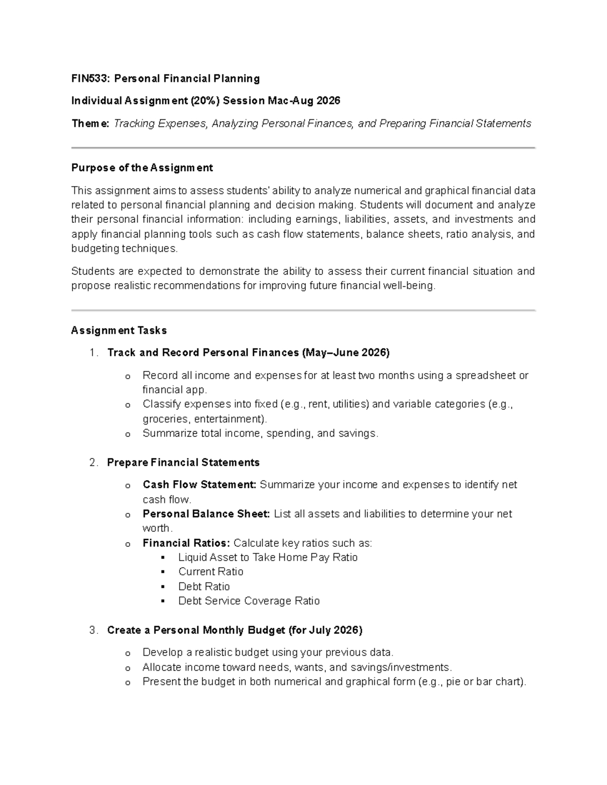 FIN533: Personal Financial Planning Individual Assignment 2026 - Studocu