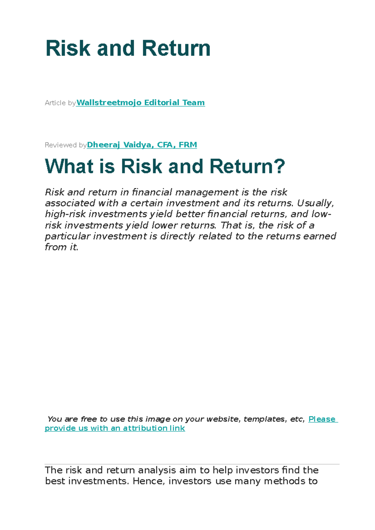 Risk and Return Analysis in Financial Management: Key Concepts - Studocu