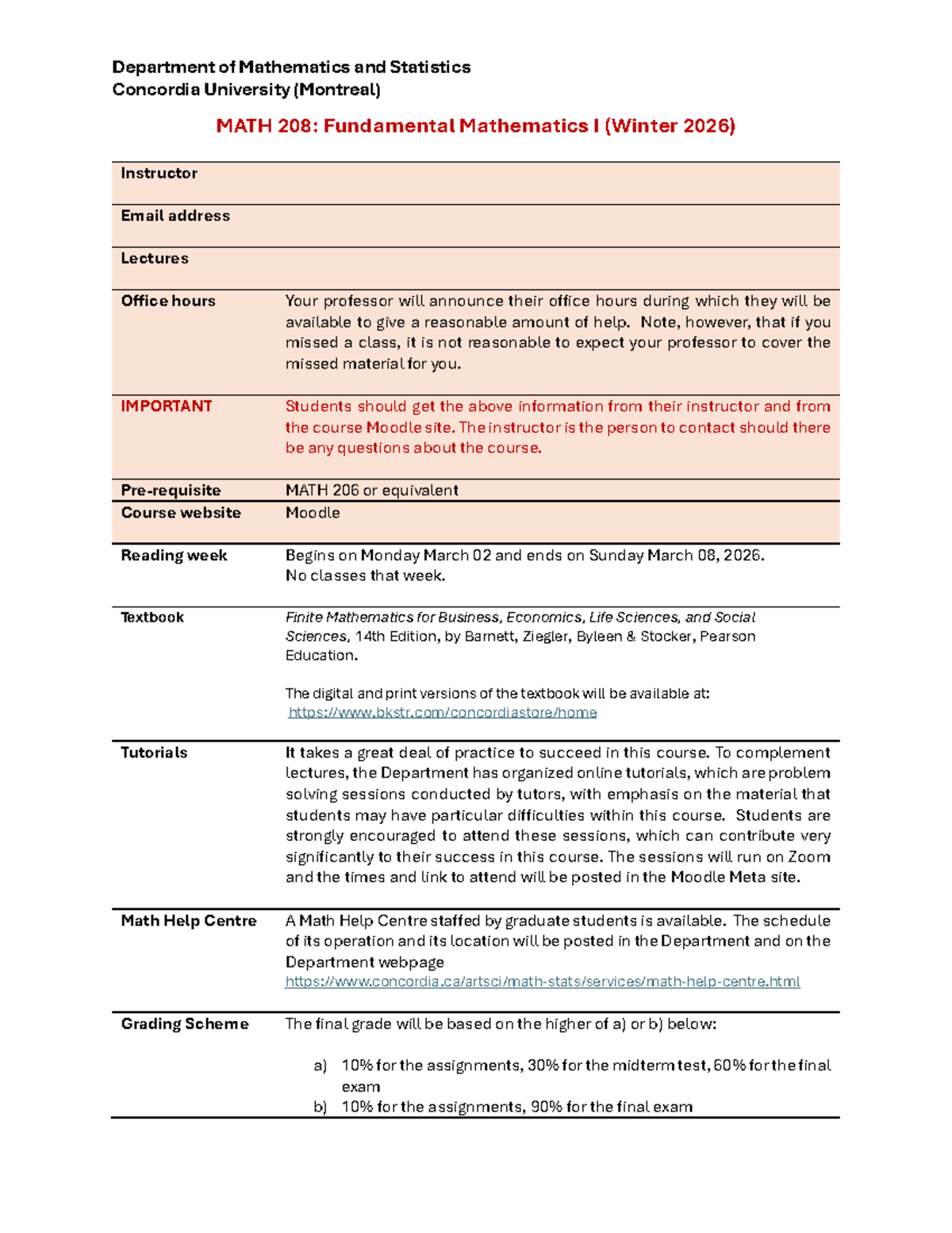MATH 208: Course Outline for Fundamental Mathematics I (Winter 2026 ...