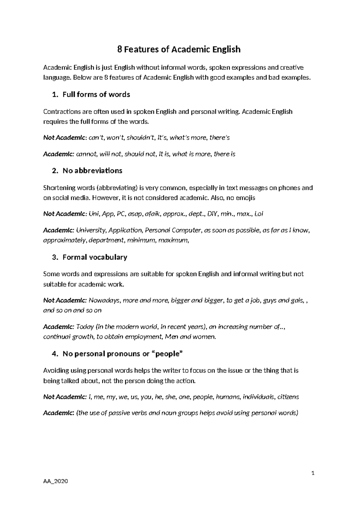 8 Features of Academic Language AA - 8 Features of Academic English ...