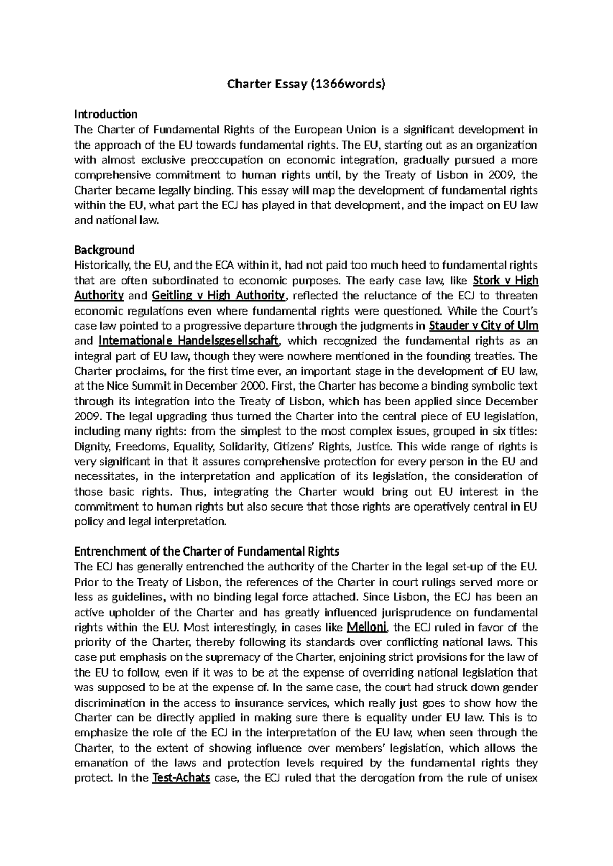 EU Charter of Fundamental Rights: A Thematic Essay (1366 Words) - Studocu