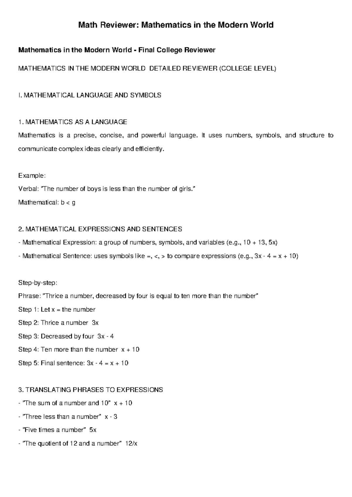 Math Final Reviewer: Mathematics in the Modern World (College) - Studocu