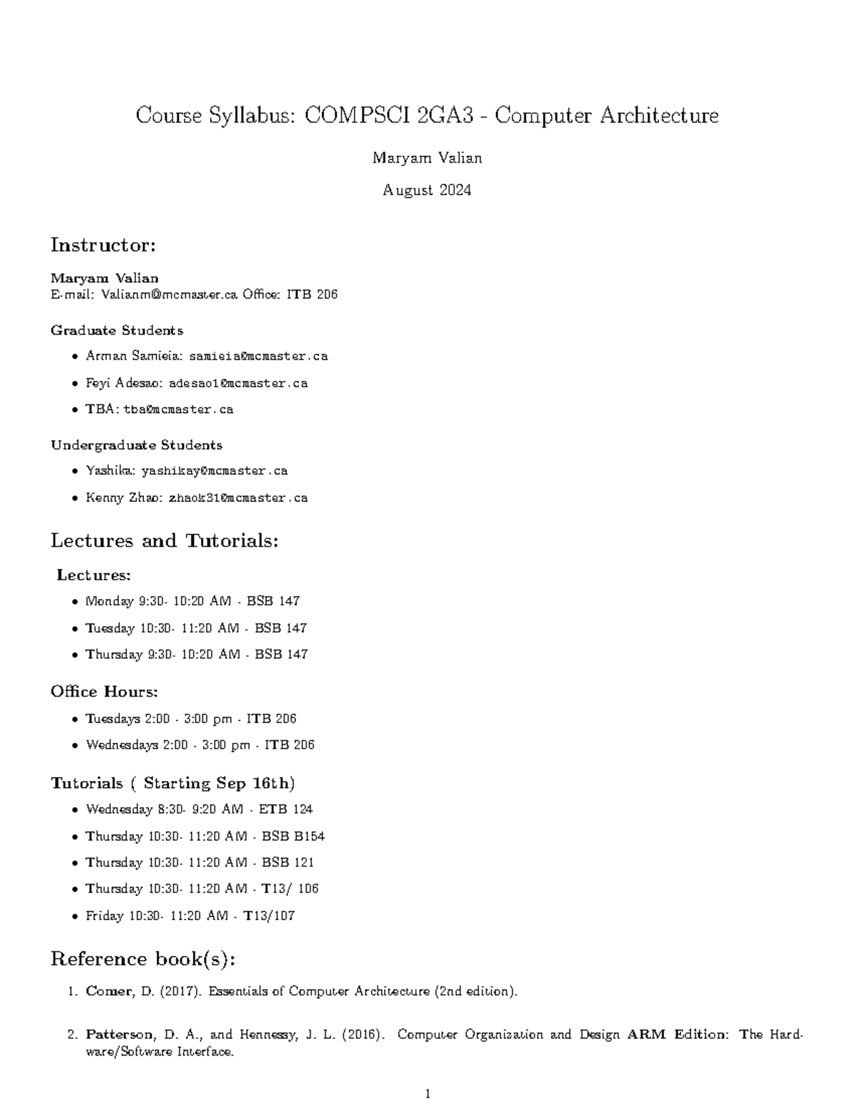 COMPSCI 2GA3 Course Syllabus: Computer Architecture Overview 2024 - Studocu