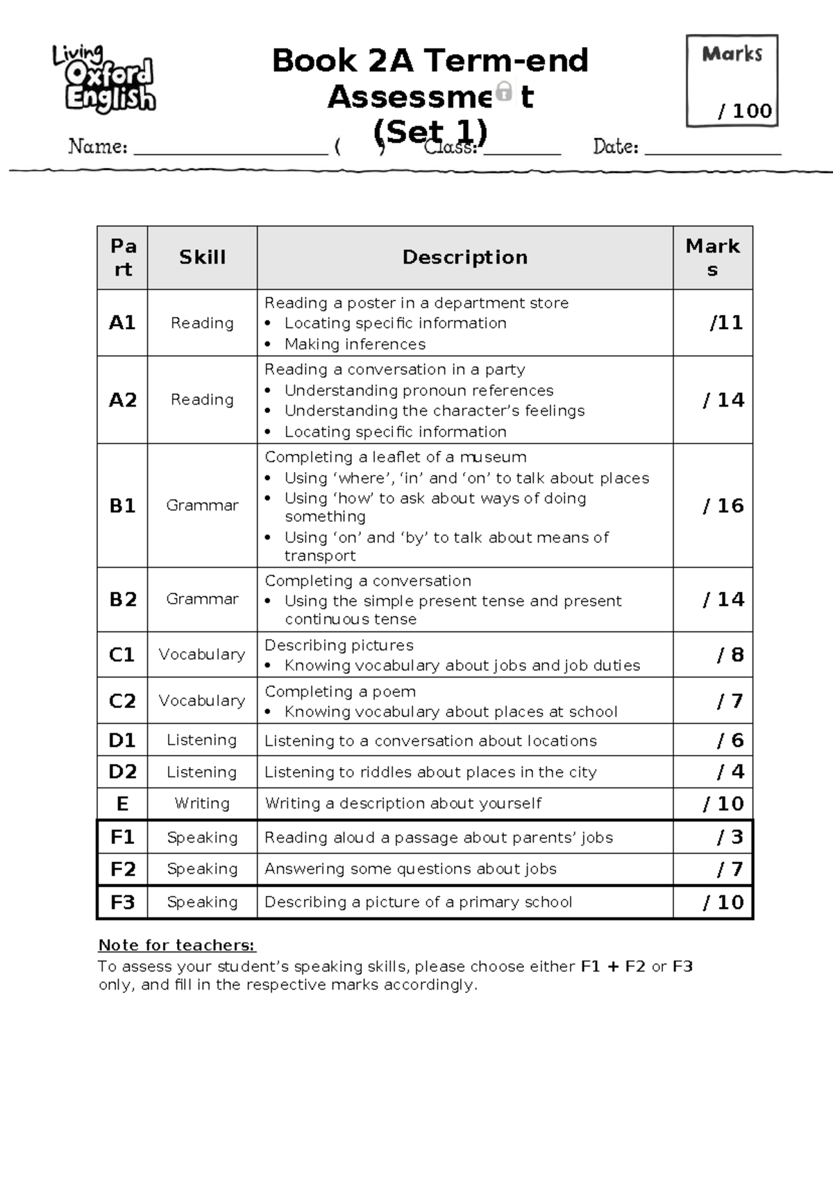 Book 2A Assessment (Set 1) - Reading, Writing, Listening & Speaking ...