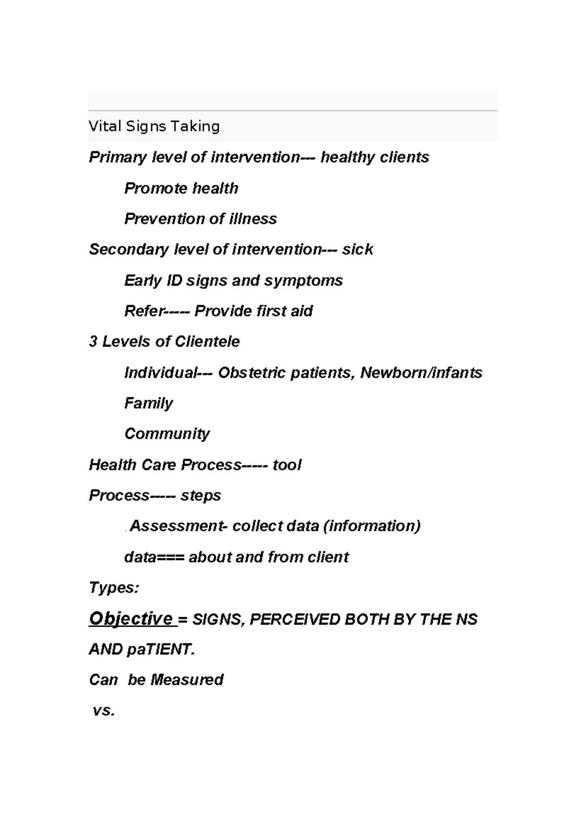 Vital Signs Assessment Notes for Nursing (HLTH 101) - Studocu