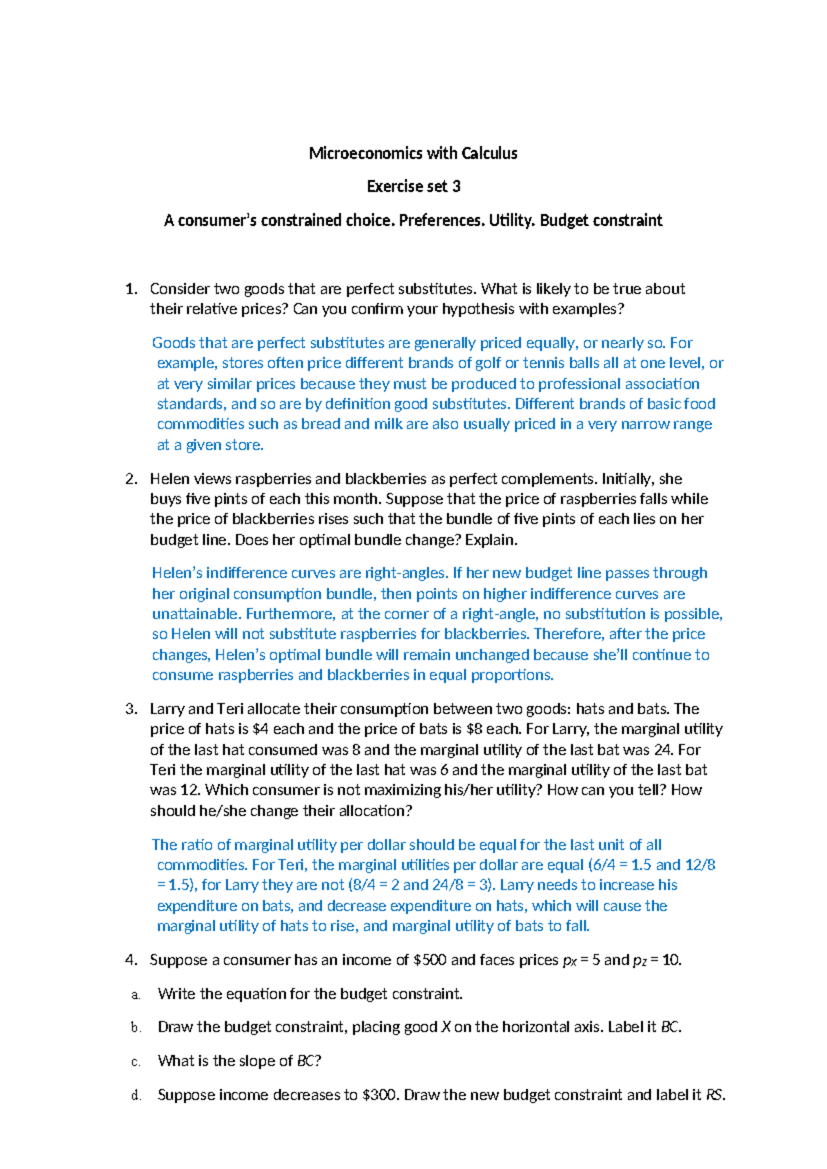 Microeconomics (ECON 101): Exercise Set 3 Solutions and Analysis - Studocu
