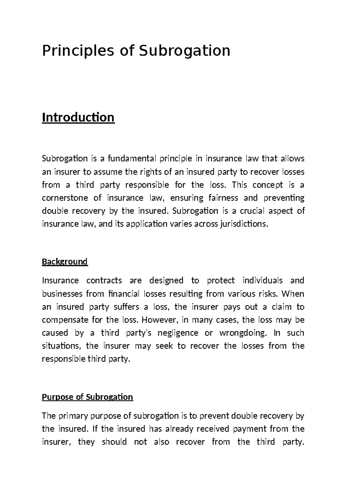 Insurance Law: Principles of Subrogation Explained - Studocu