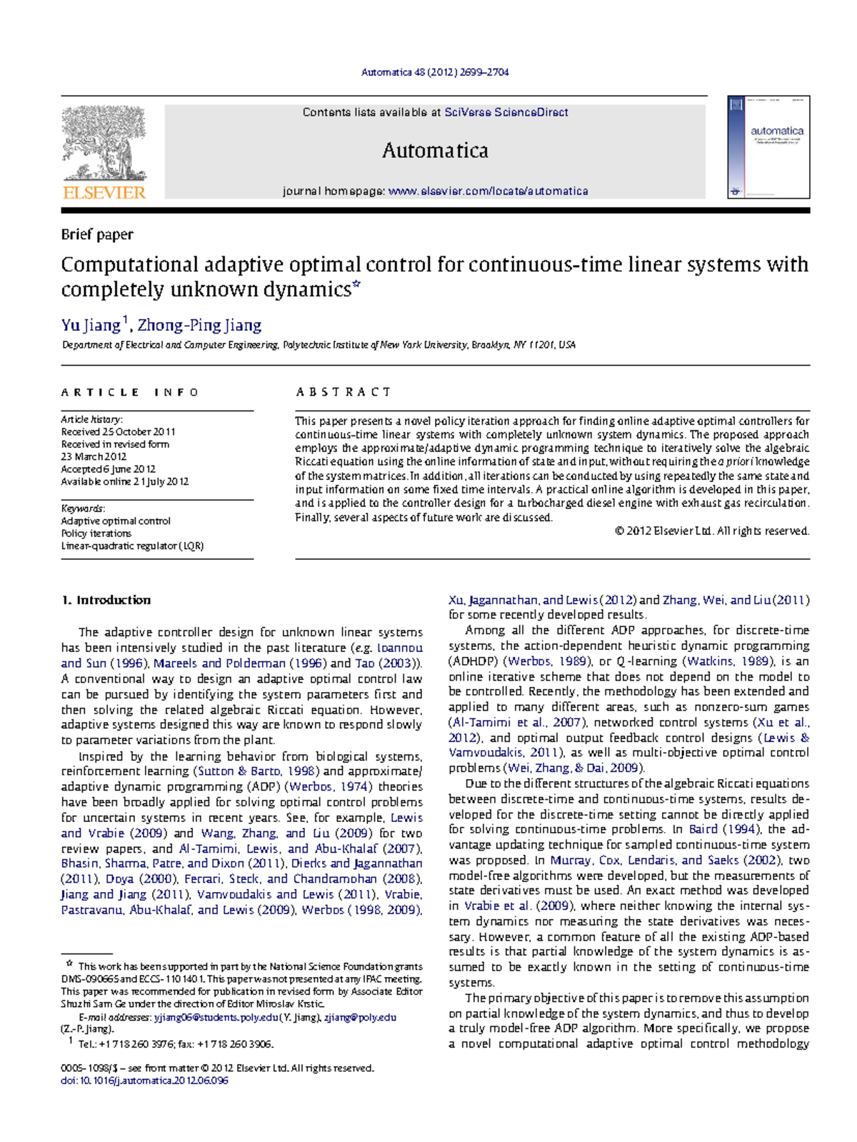 Computational Adaptive Optimal Control for Linear Systems (AUT 48 ...