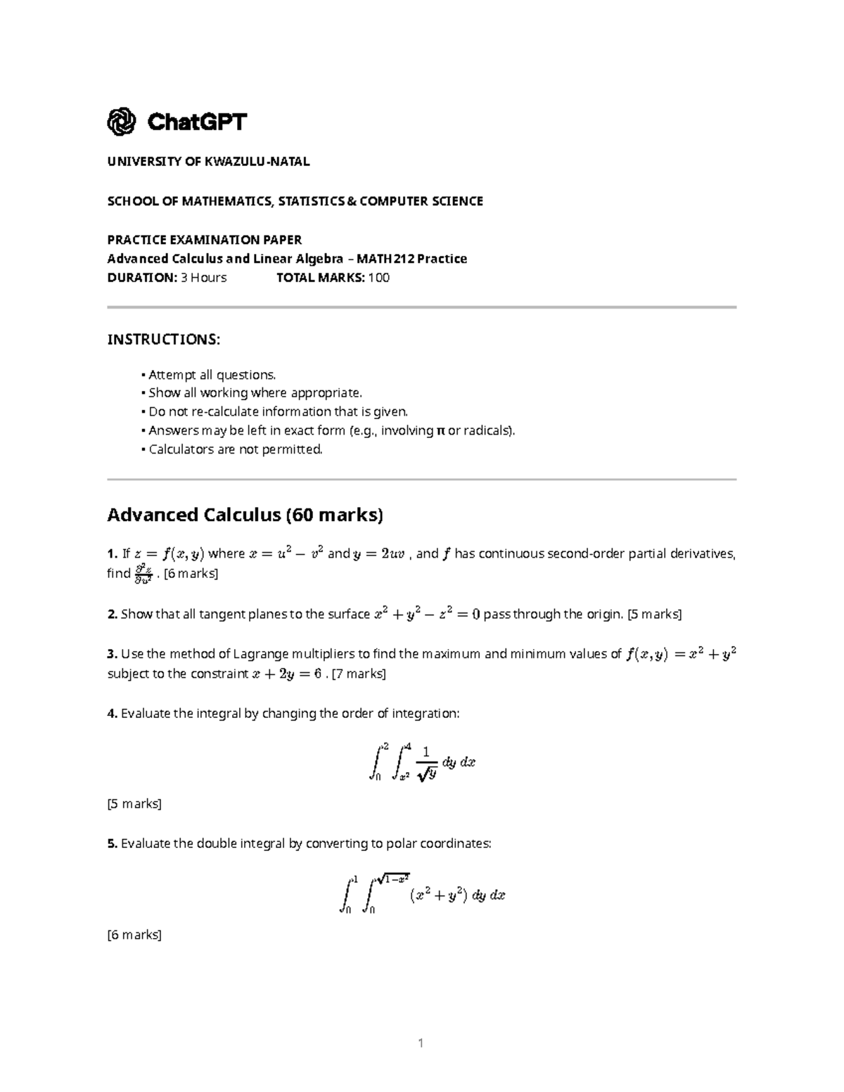 MATH212 Advanced Calculus & Linear Algebra Practice Exam - Studocu