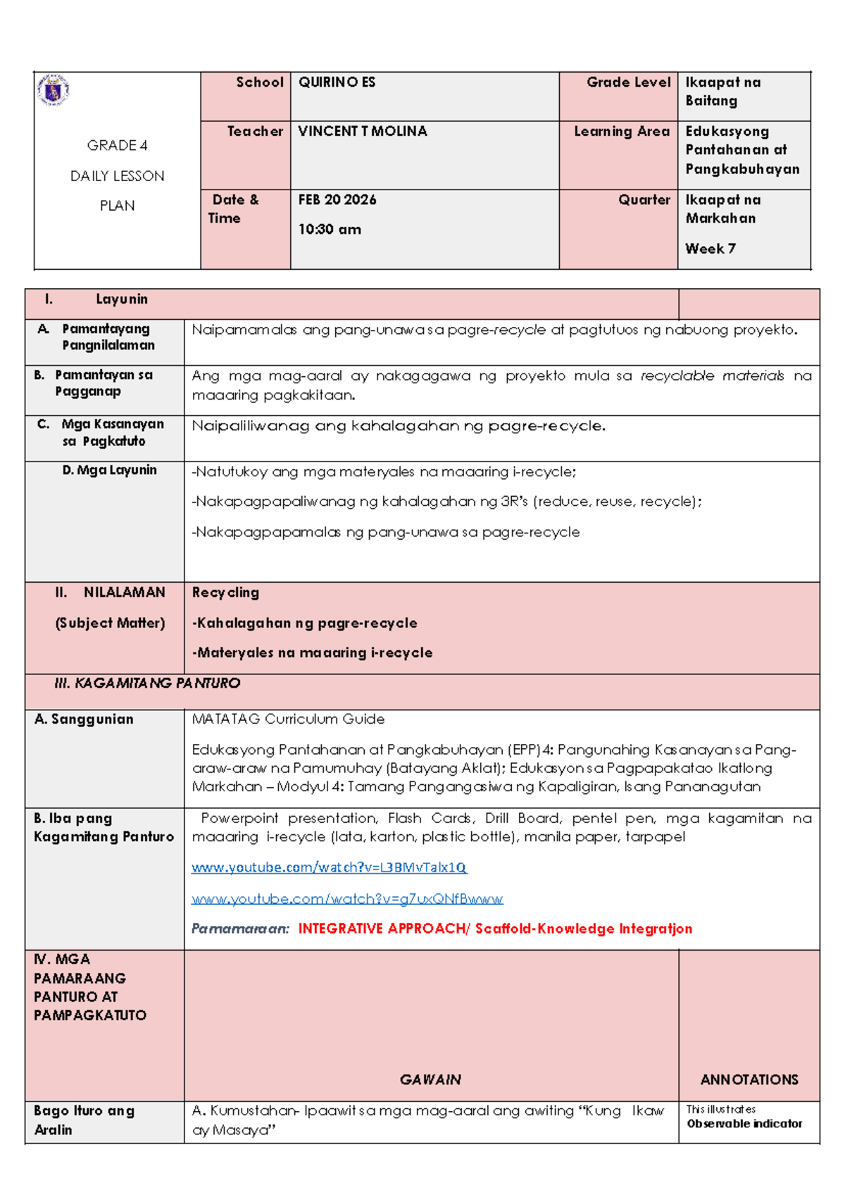 COT EPP 4 Q4 W7: Daily Lesson Plan on Recycling - Studocu