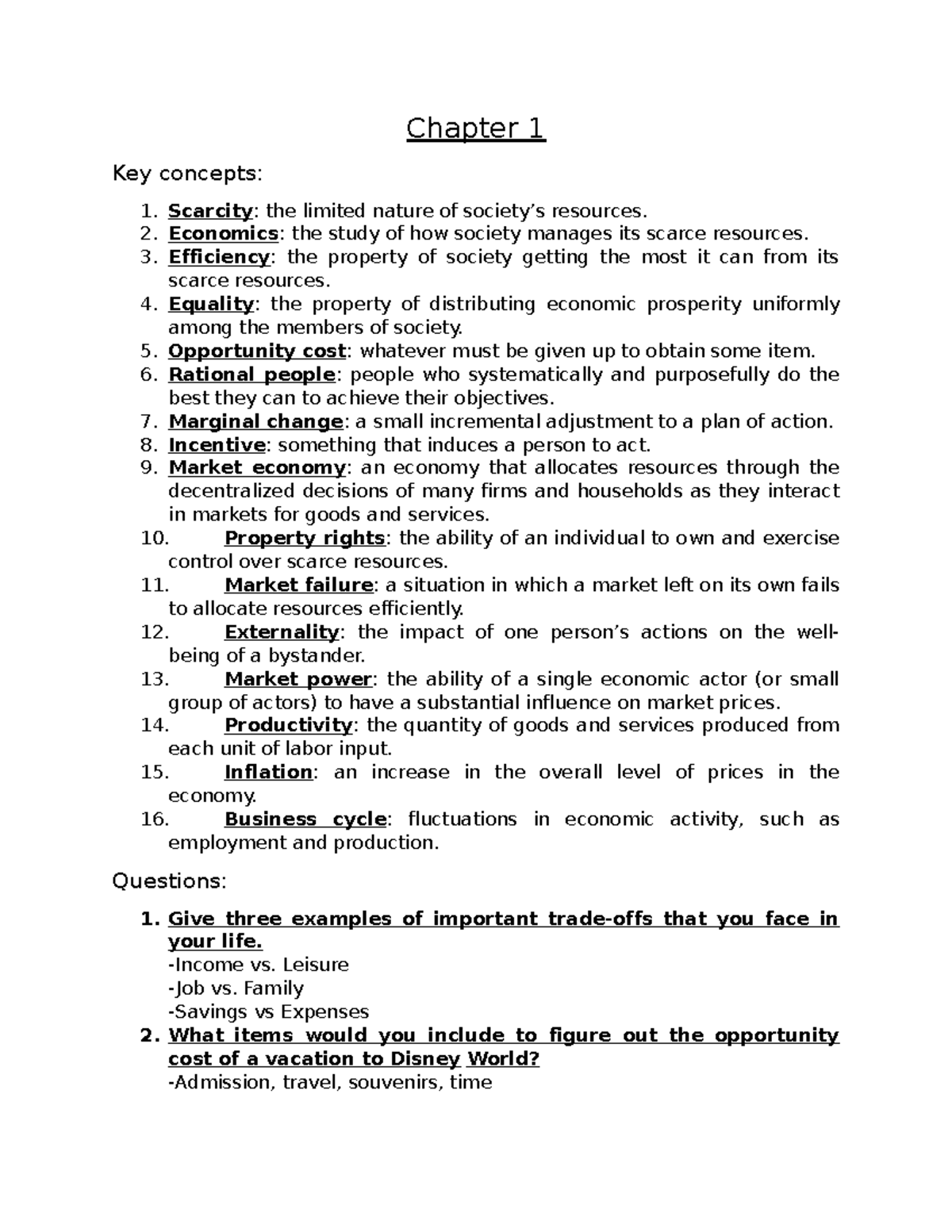 Micro review - Chapter 1 Key concepts: Scarcity: the limited nature of ...