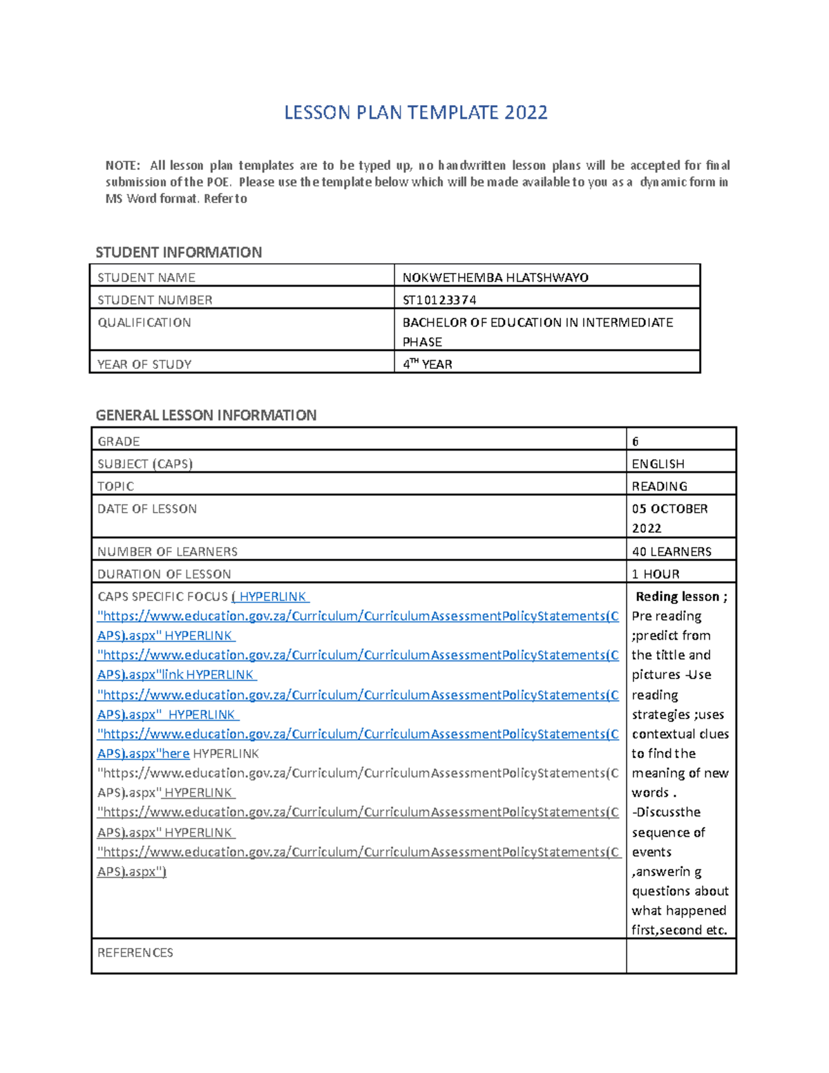 Micro Teaching Lesson Plan: Grade 6 English Reading Strategy - Studocu