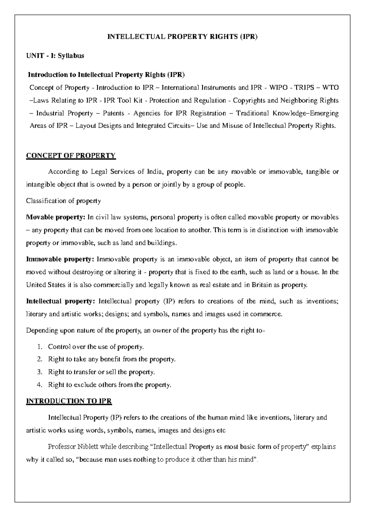 IPR Unit I AR20: Comprehensive Overview of Intellectual Property Rights ...