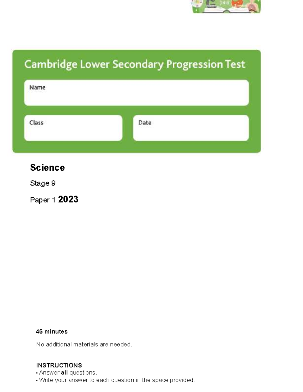 Science Stage 9 Paper 1 2023 - 45 Min Exam (3146) - Studocu