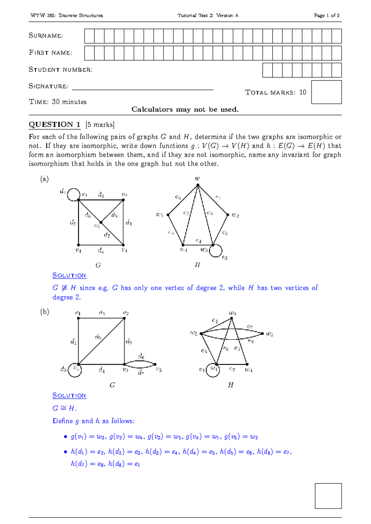 WTW 285: Discrete Structures Tutorial Test 3A Solutions - Studocu