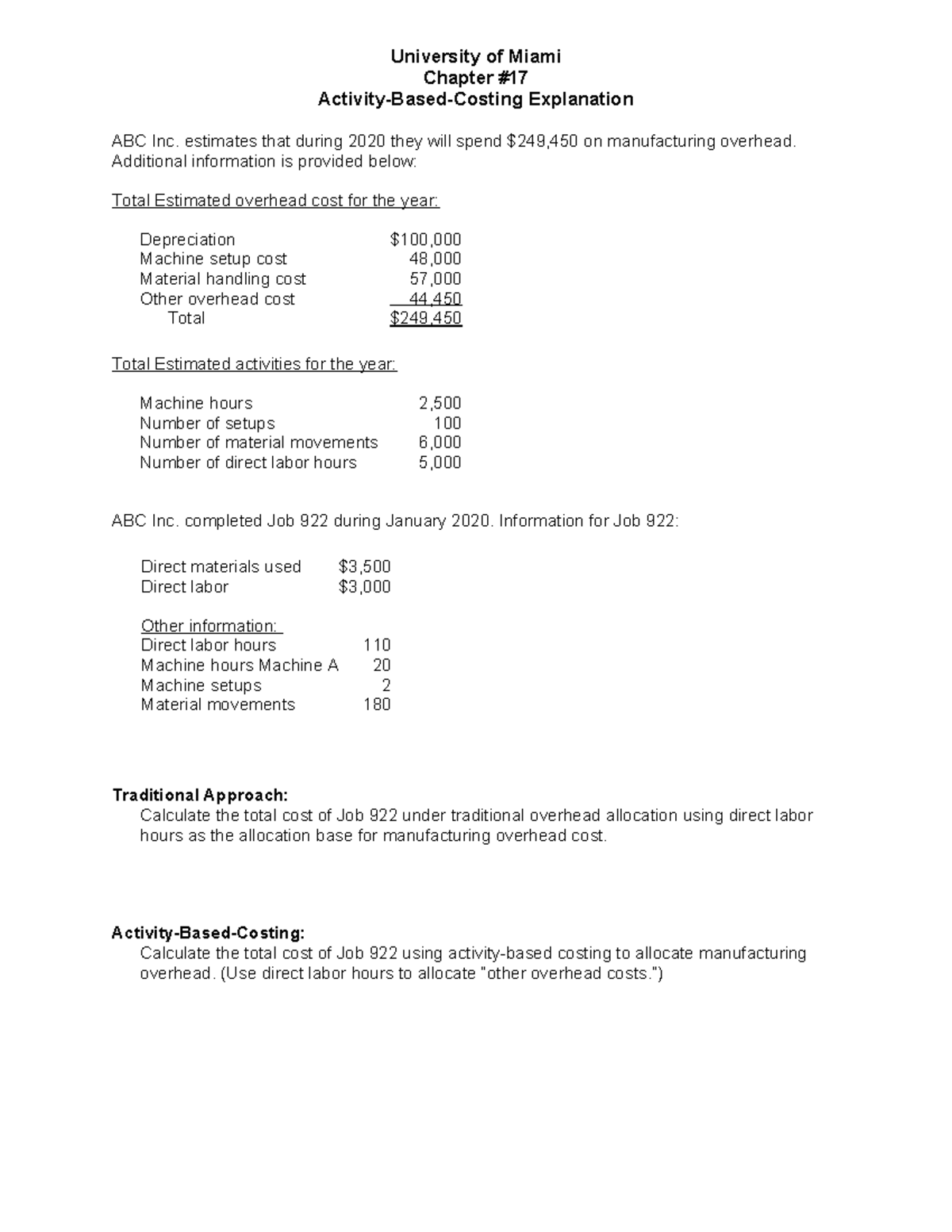 Chapter 17 - Activity Based Costing - Handout 1 - University of Miami ...
