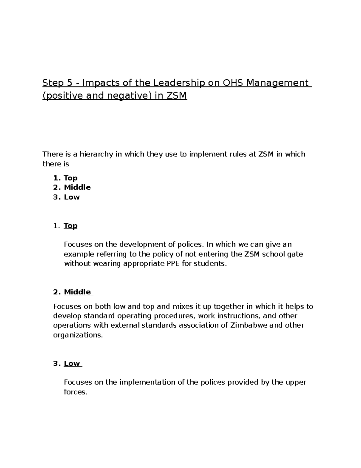 Step 5 - Impacts of the Leadership on OHS Management (positive and ...