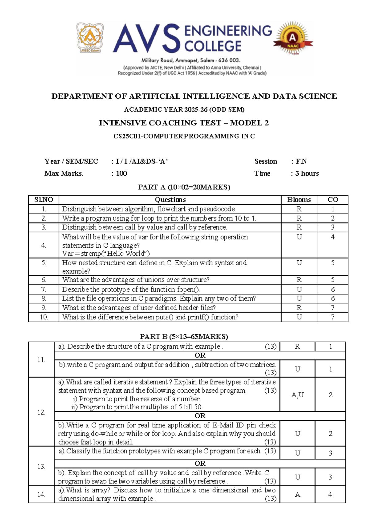 ICT A Model 2 - Internal Test Questions for Programming in C - Studocu