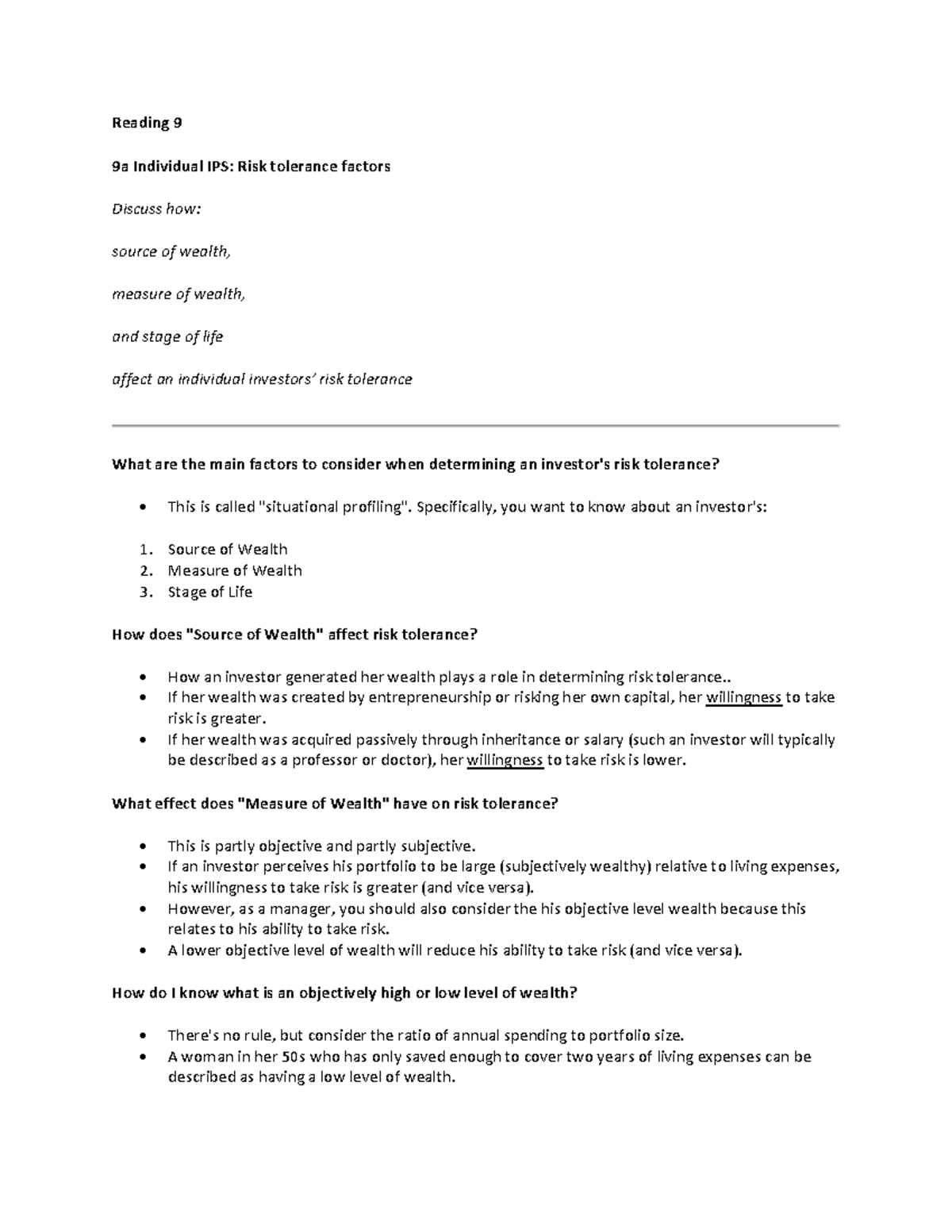 Economics Revision summary 9 - Reading 9 9a Individual IPS: Risk ...