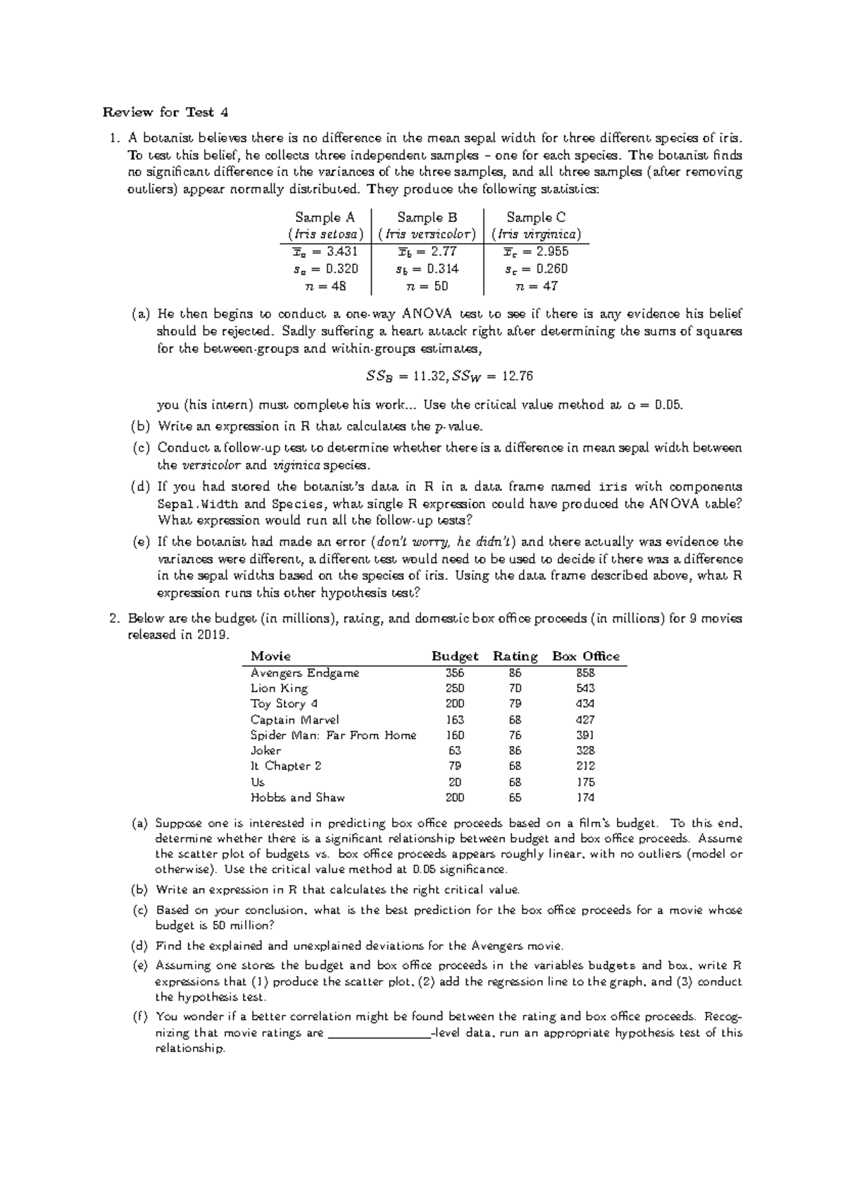 Test 4 Review - Practice Questions and Detailed Solutions in R - Studocu