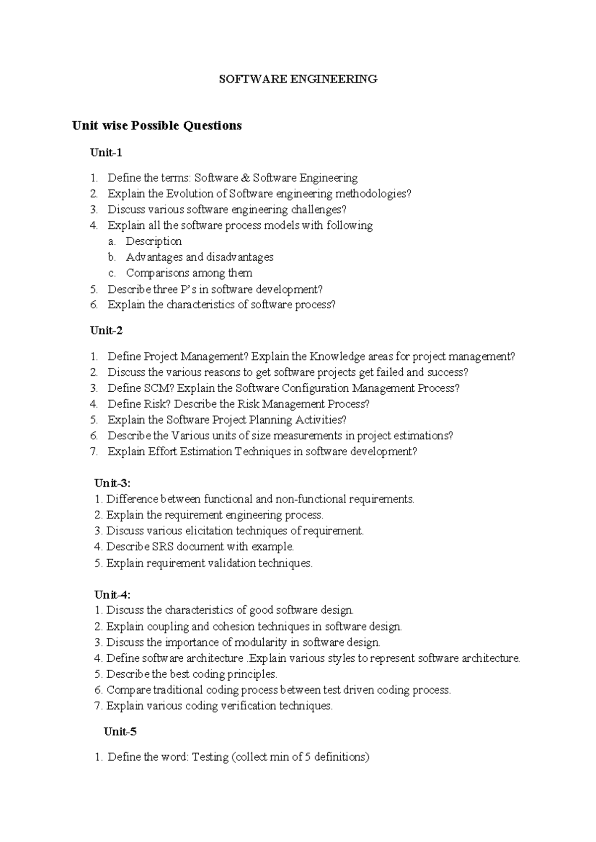403921494-SE-Unit Wise Software Engineering Questions - Studocu