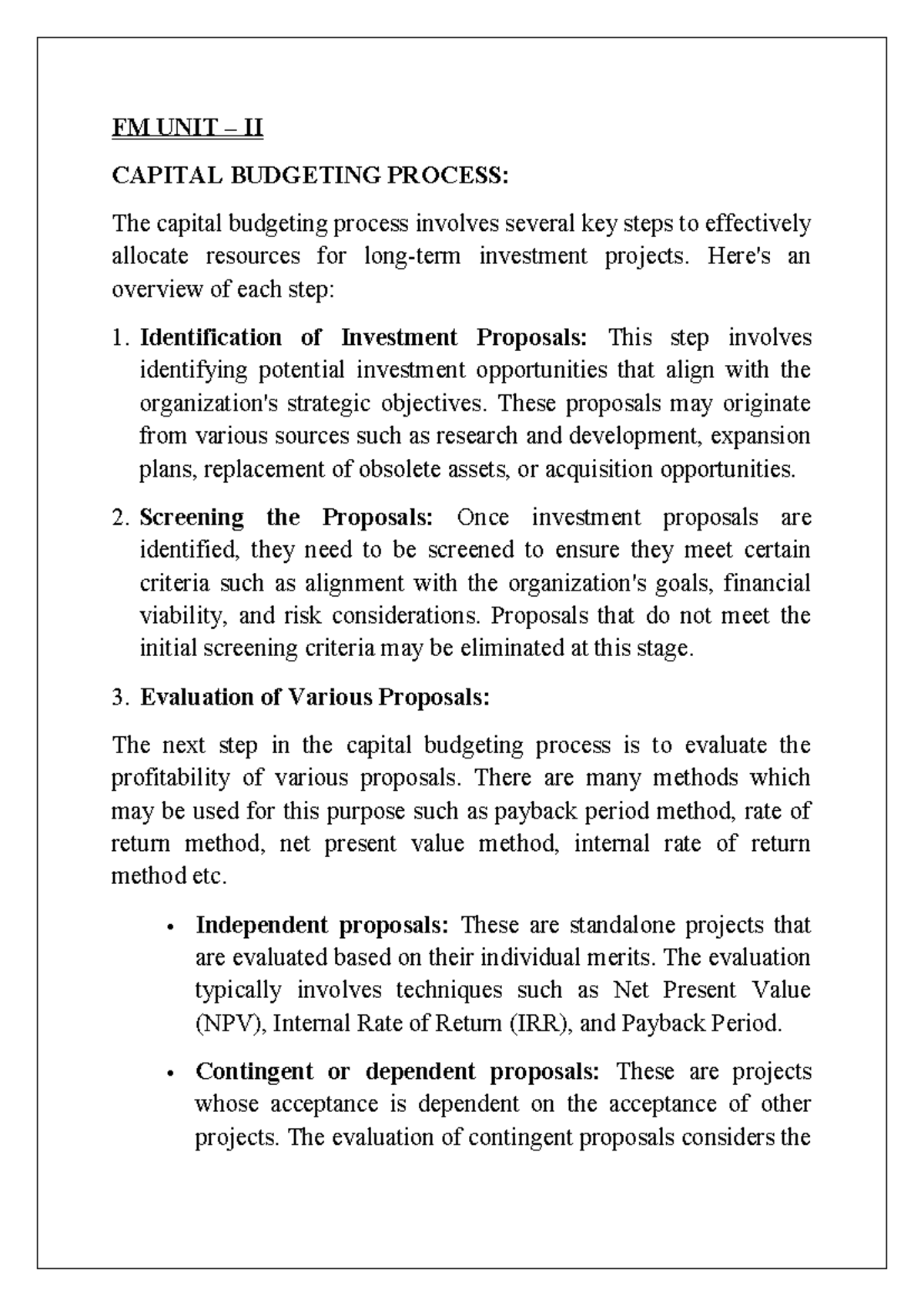 FM UNIT 2: Capital Budgeting Process and Investment Appraisal ...