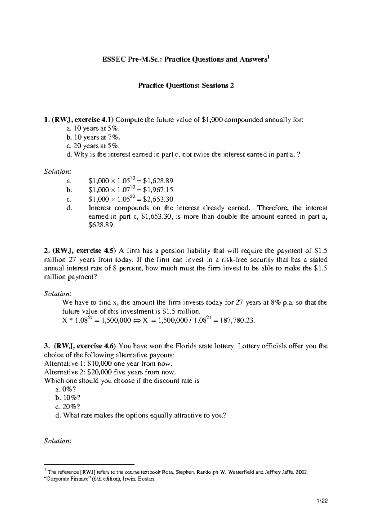 Practice Questions And Answers (Finance) - ESSEC Pre-M.: Practice ...