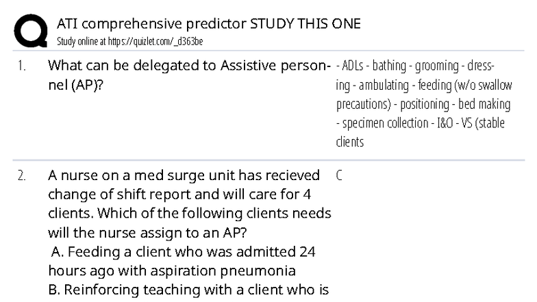 ATI Comprehensive Predictor Practice Questions and Study Guide - Studocu