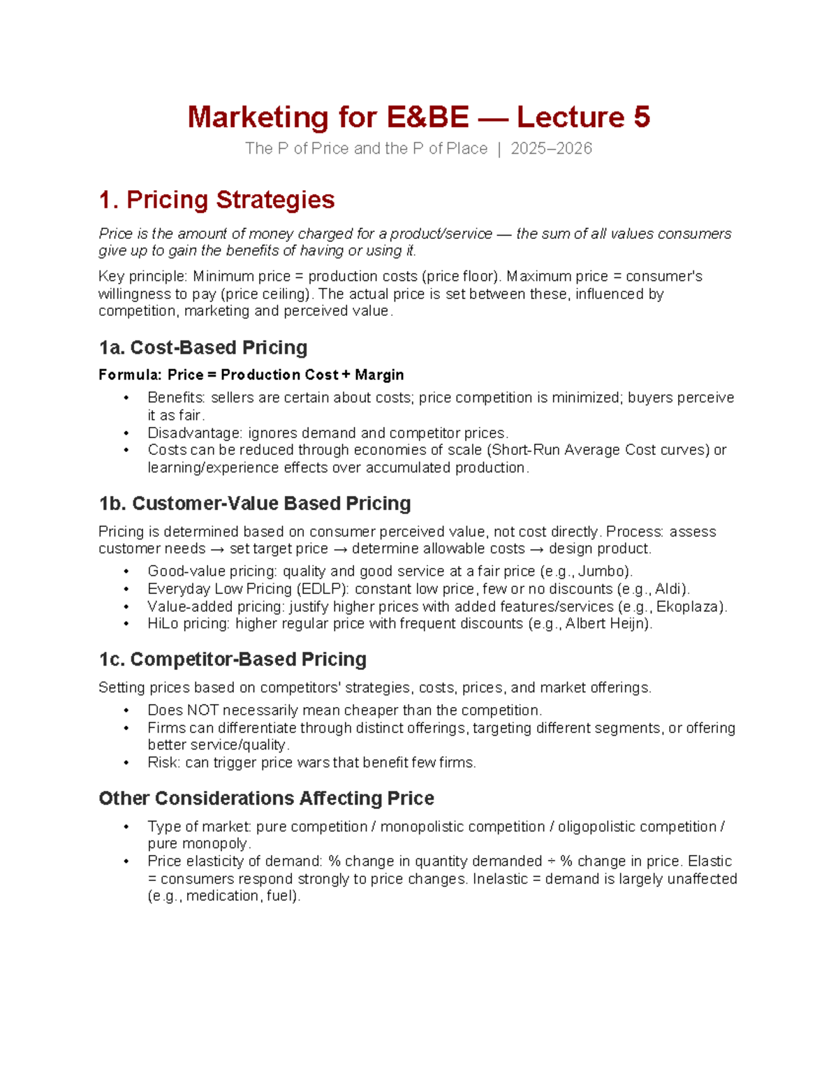 Marketing Lecture 5: The P of Price and Place Strategies - Studeersnel
