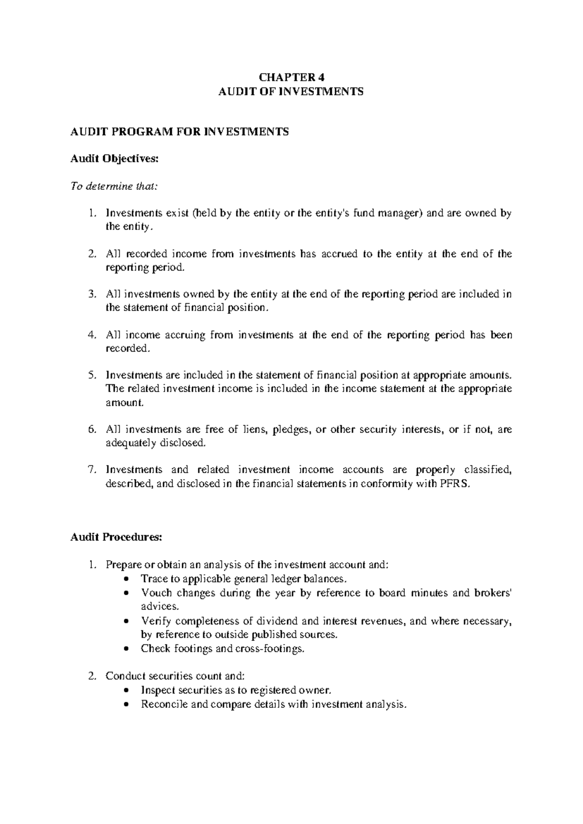 CHAPTER 4: AUDIT PROGRAM FOR INVESTMENTS - OBJECTIVES & PROCEDURES - Document Preview