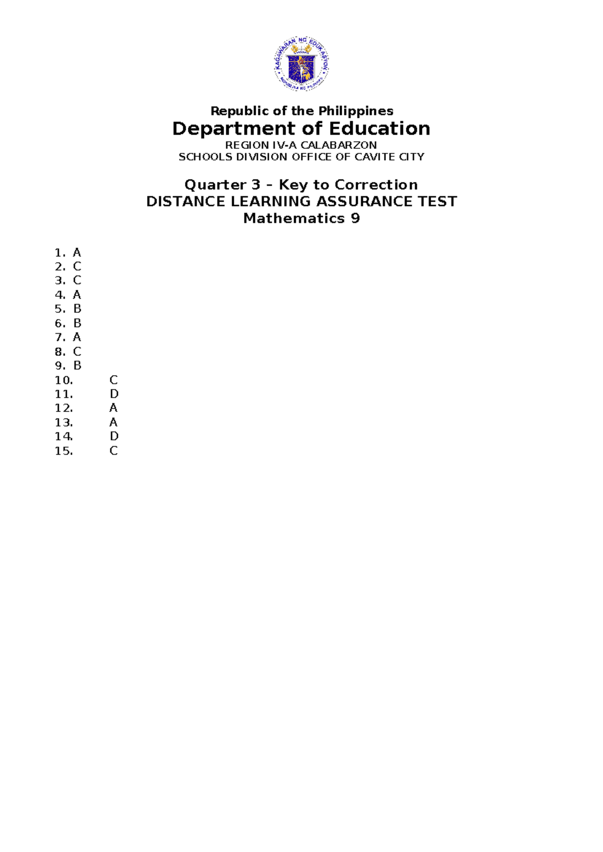 KEY TO Correction DLAT G9 Q3 Mathematics - Mathematics 10 - Republic of ...