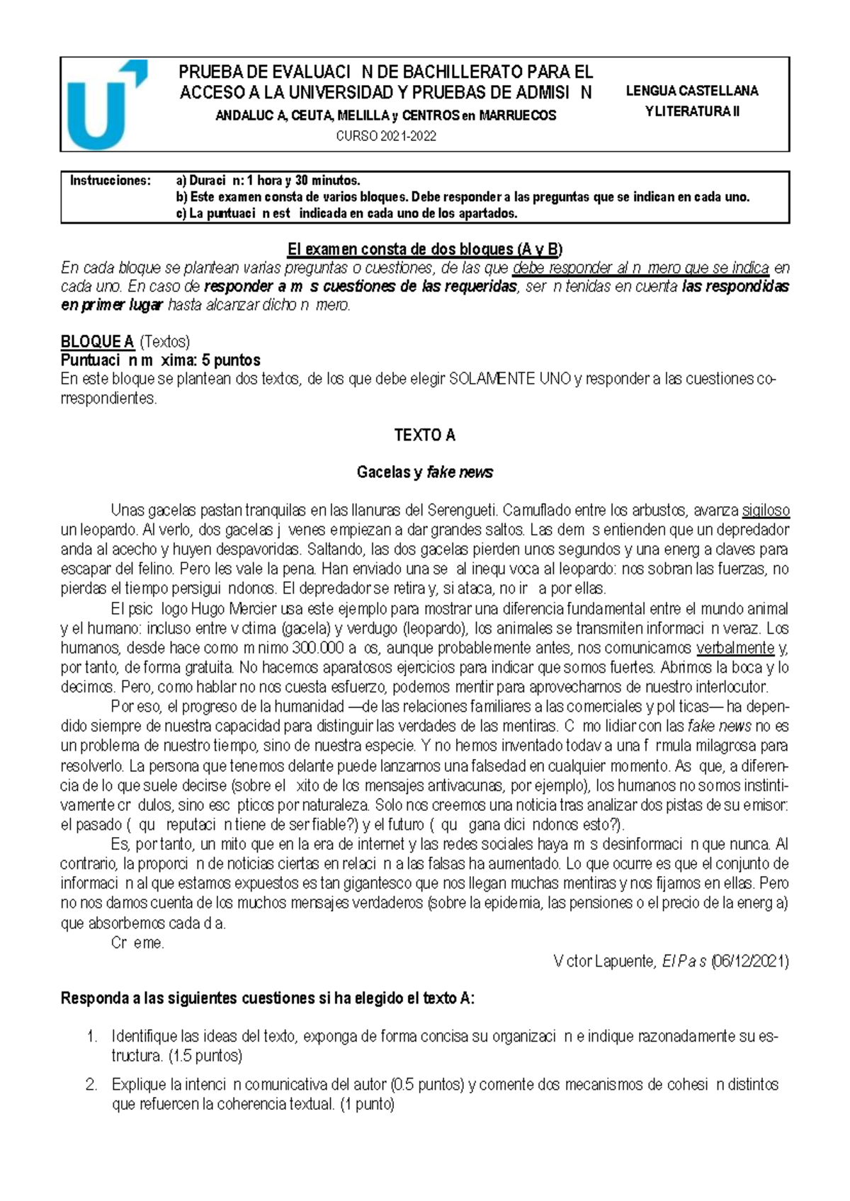 PRUEBA DE EVALUACIÓN DE BACHILLERATO LENGUA CASTELLANA Y LITERATURA II ...