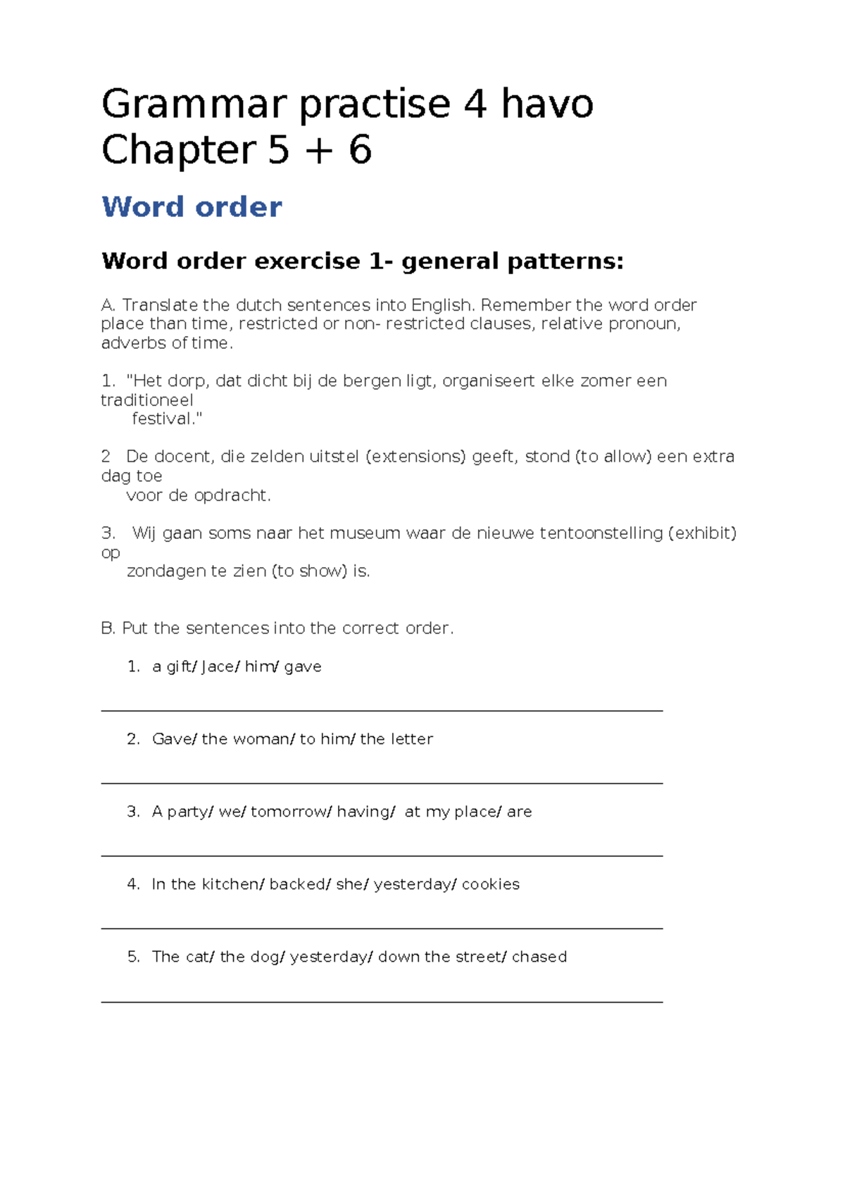 Grammar Practice 4 Havo: Chapter 5 - Word Order Exercises - Studeersnel
