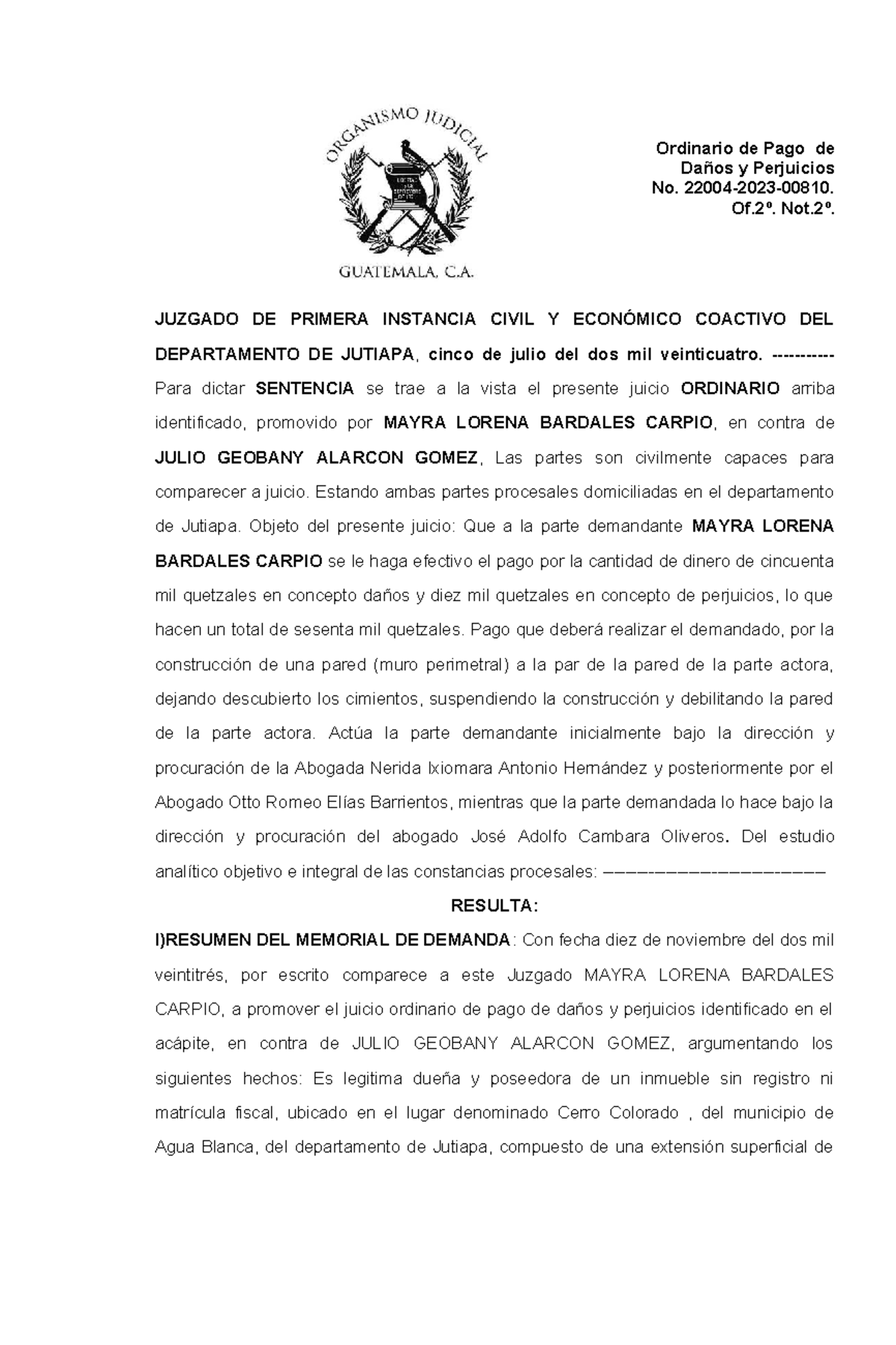 Sentencia Civil 810: Juicio Ordinario de Pago de Daños y Perjuicios - Document Preview