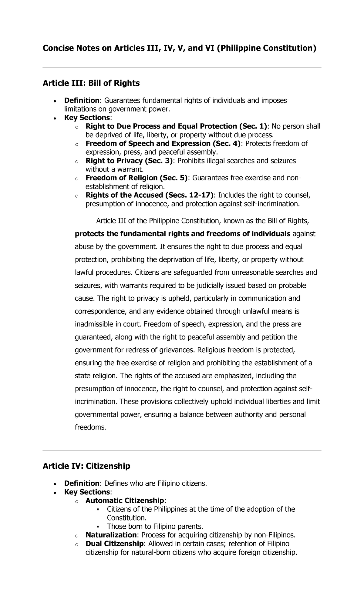 GE-SSP Notes - Concise Notes on Articles III, IV, V, and VI (Philippine ...